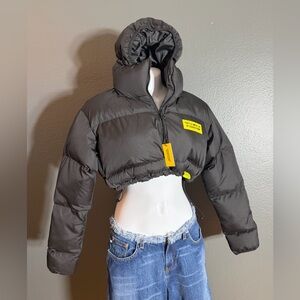 Cropped Puffer Jacket with Hood - Black with Yellow Tabs
